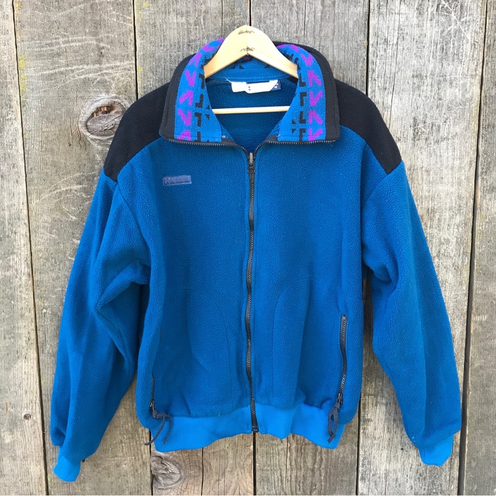 VTG 90s Columbia Geometric Collar Color Block Fleece Bomber Zip Up Medium USA